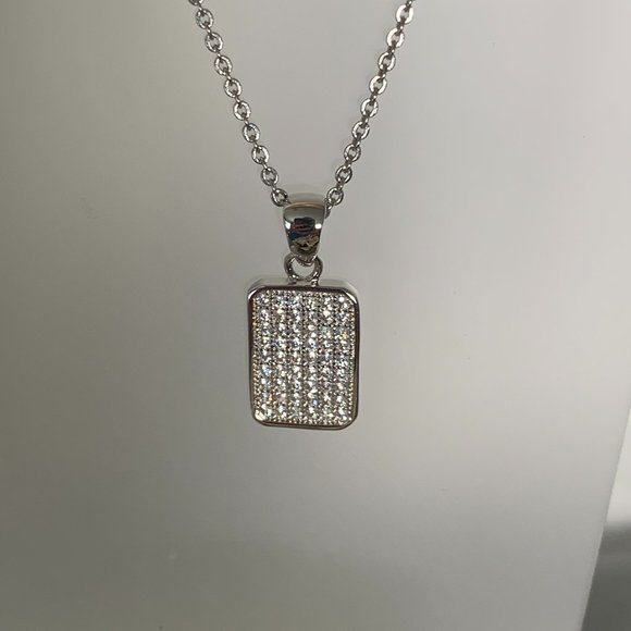 NEW Silver Tone Pave Set Rectangular Cubic Zirconia CZ Pendant + Chain - Picture 2 of 4